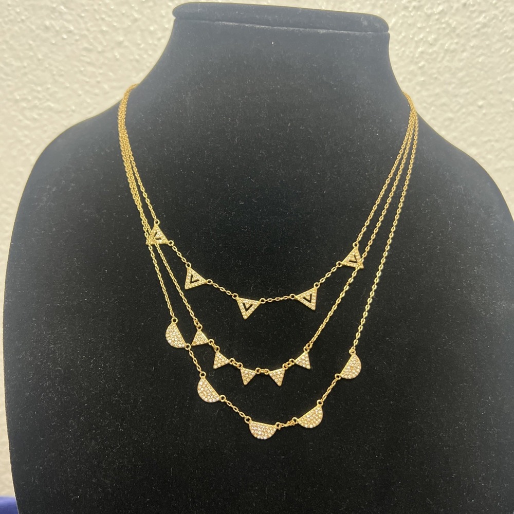 Stella & Dot Gold Tone Layered Pave Chevron Necklace Rhinestone Triangle